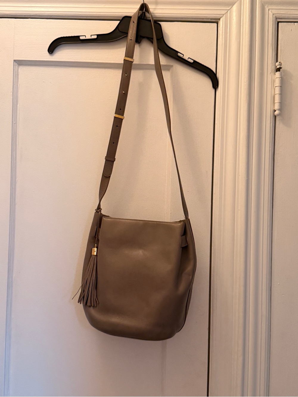 Cuyana Taupe Leather Bucket Bag with Tassel Shoulder Strap